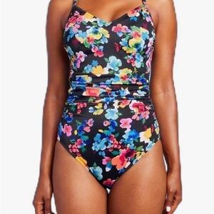 Aqua Green Floral One Piece Swimsuit - Black and Multicolor